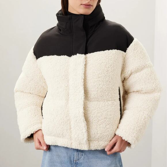 Maje Quilted Sherpa Puffer Coat Jacket Ecru Black Size 1 US 2-4 - Picture 2 of 12